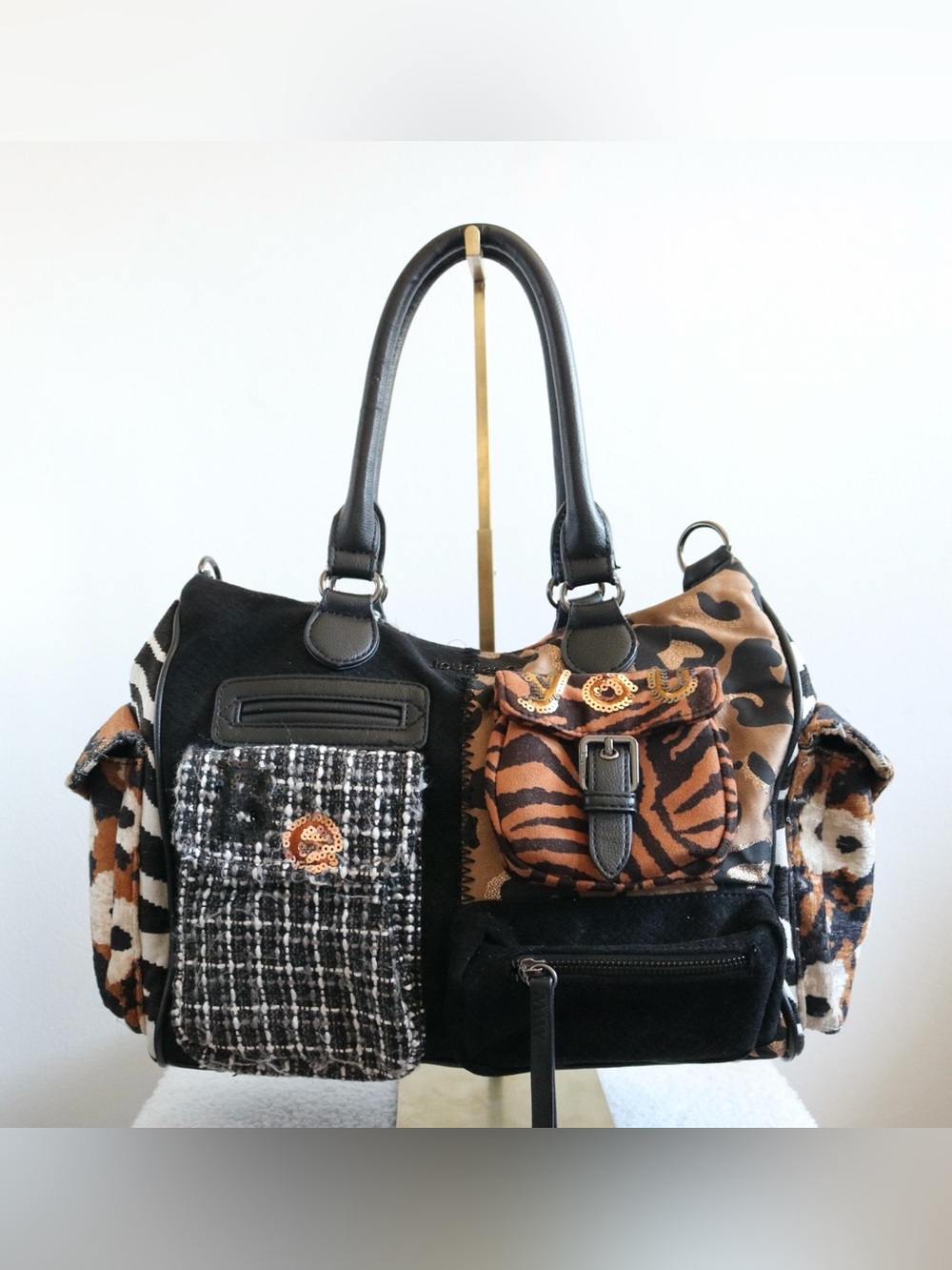 Y2K Desigual Patchwork Animal Print Tweed Faux Leather Satchel